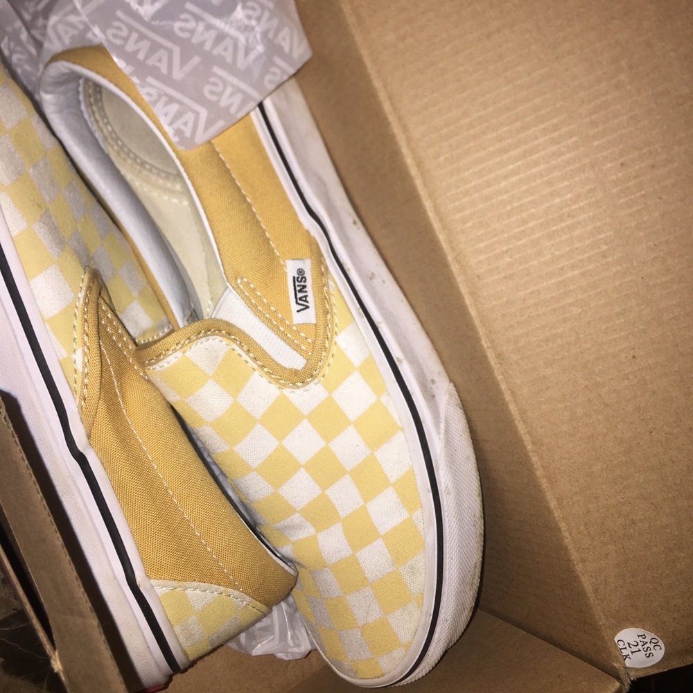 Yellow & white slip on checkered vans